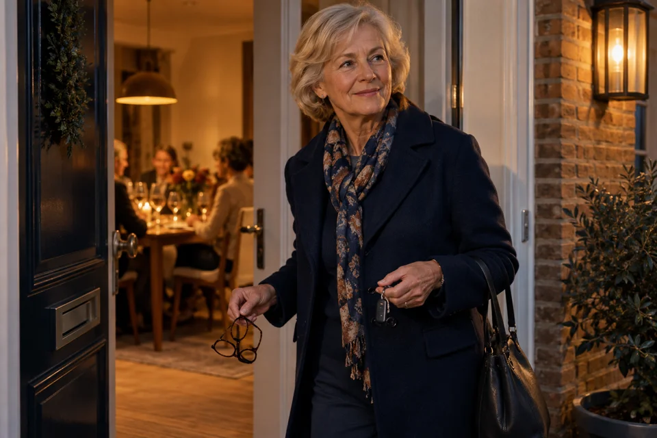 Vrouw met bril en autosleutels neemt afscheid na familiebezoek