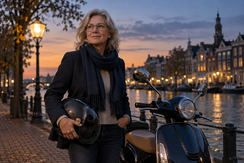 Vrouw met bril en helm bij een geparkeerde scooter